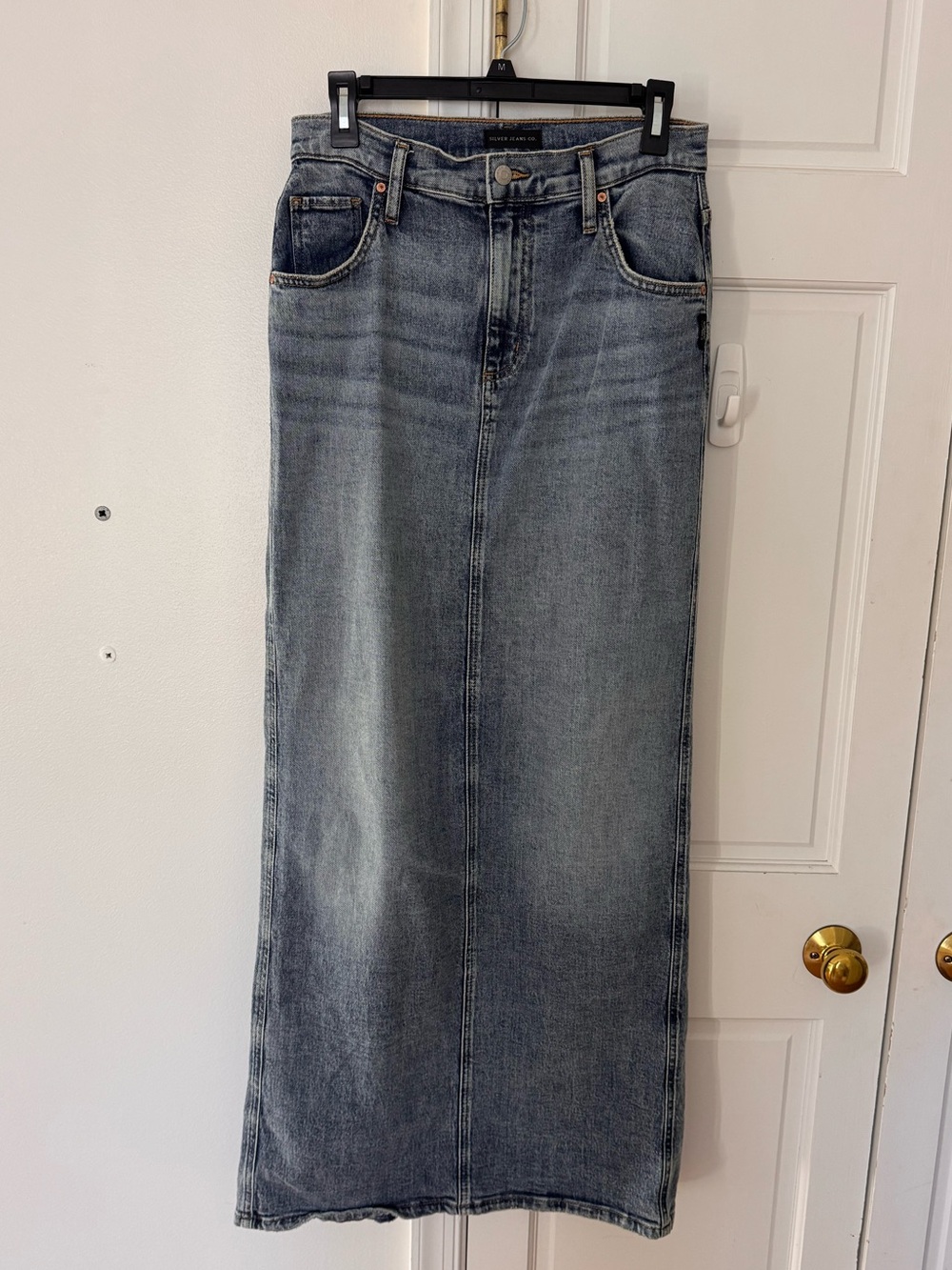 Nordstrom Silver Jeans Light Blue Straight Denim Maxi Skirt with Slit in Back